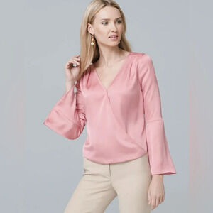 White House Black Market Charmeuse Surplice Satin Blouse in Pink Size 6